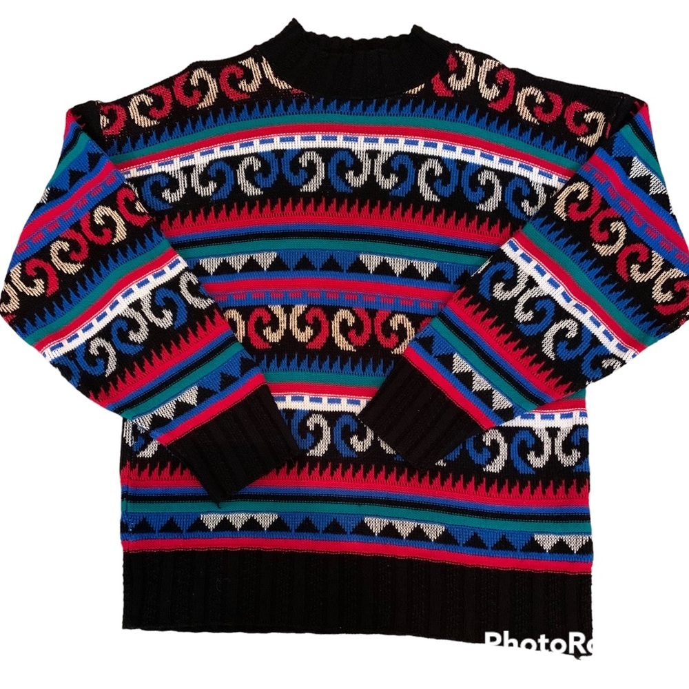 Vintage Adele Knitwear Acrylic 80’s Sparkle Sweater-Red Blue Silver-Size XL USA